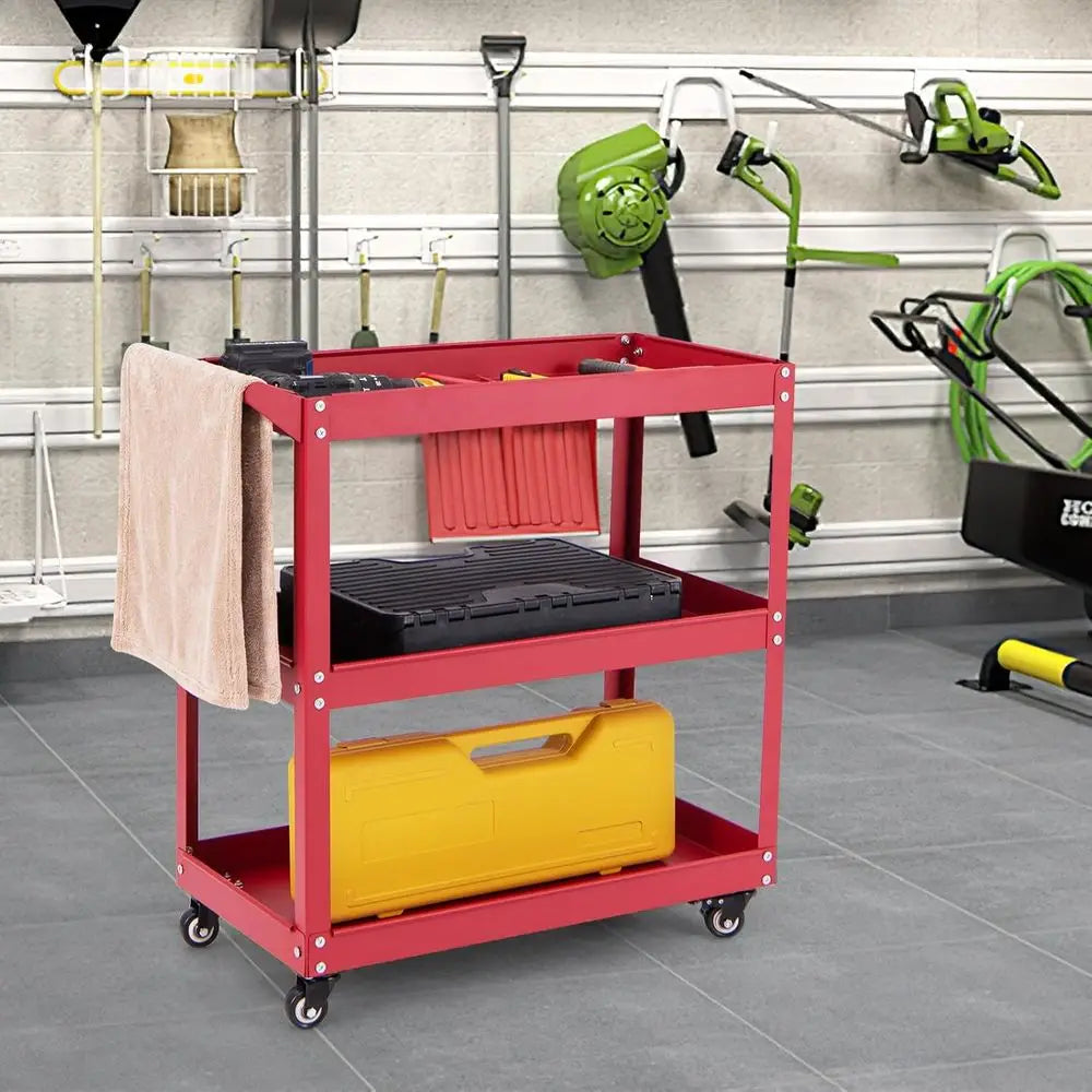Sturdy 3-Tier Metal Tool Cart with Lockable Wheels, Red - Ideal for Workshop, Garage, Kitchen Storage