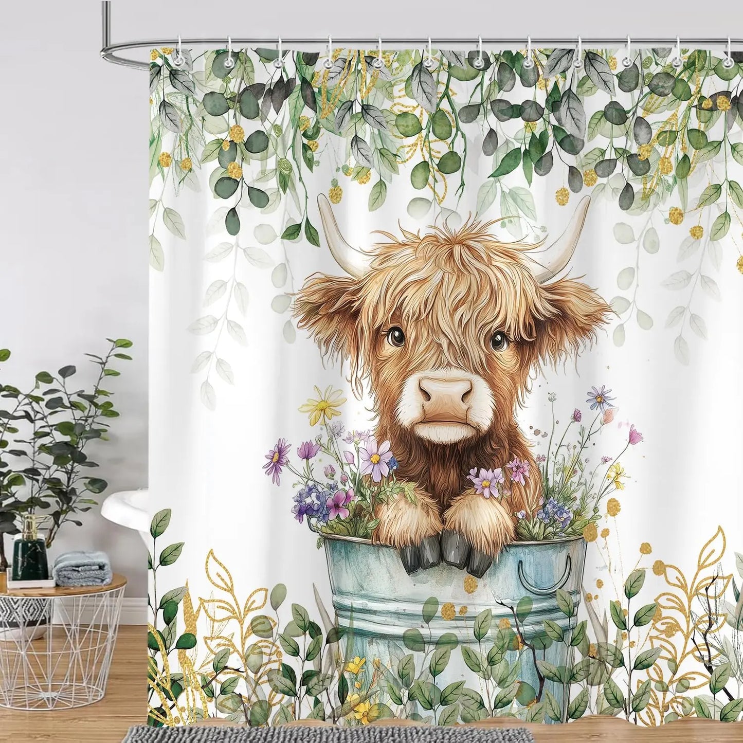 Cute Highland Cow Shower Curtain for Bathroom, Farmhouse Rustic Cow Animal Bathing in Bathtub Shower Curtains Decor Set