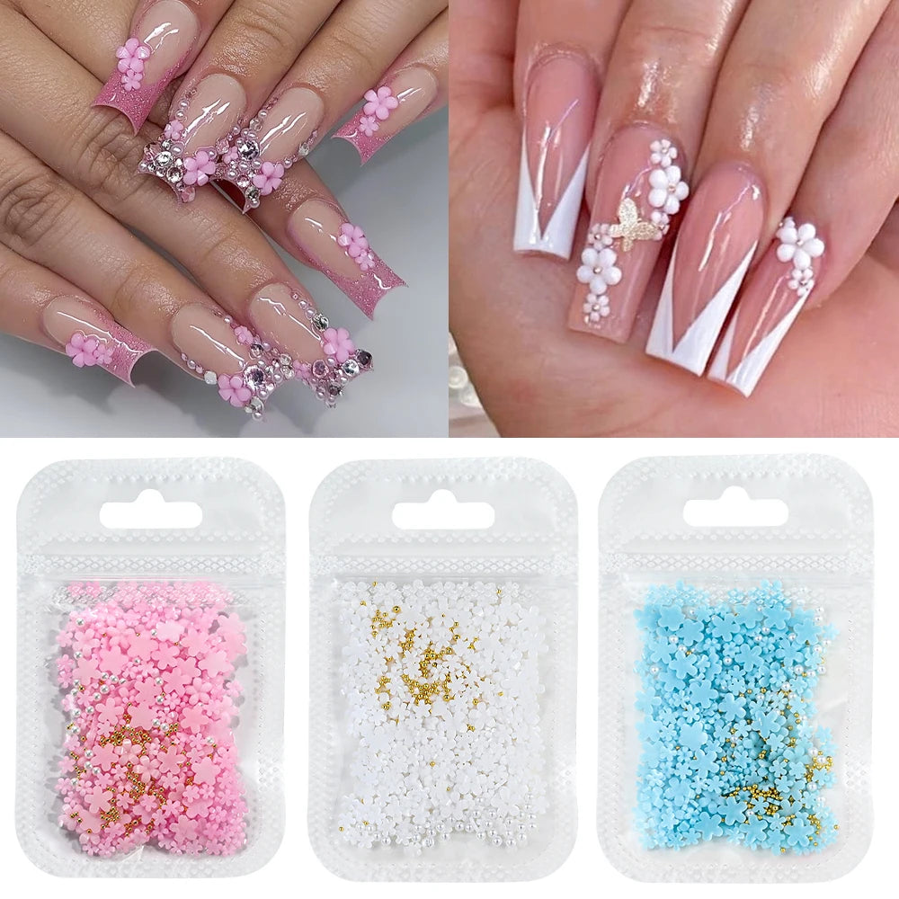 1box 3D Flower Bow Nail Art Decorations Kit Pink/White Acrylic Floral/Peal Beads Nail Charm with Wax Pen/Tweezer 4/6mm Nail Part