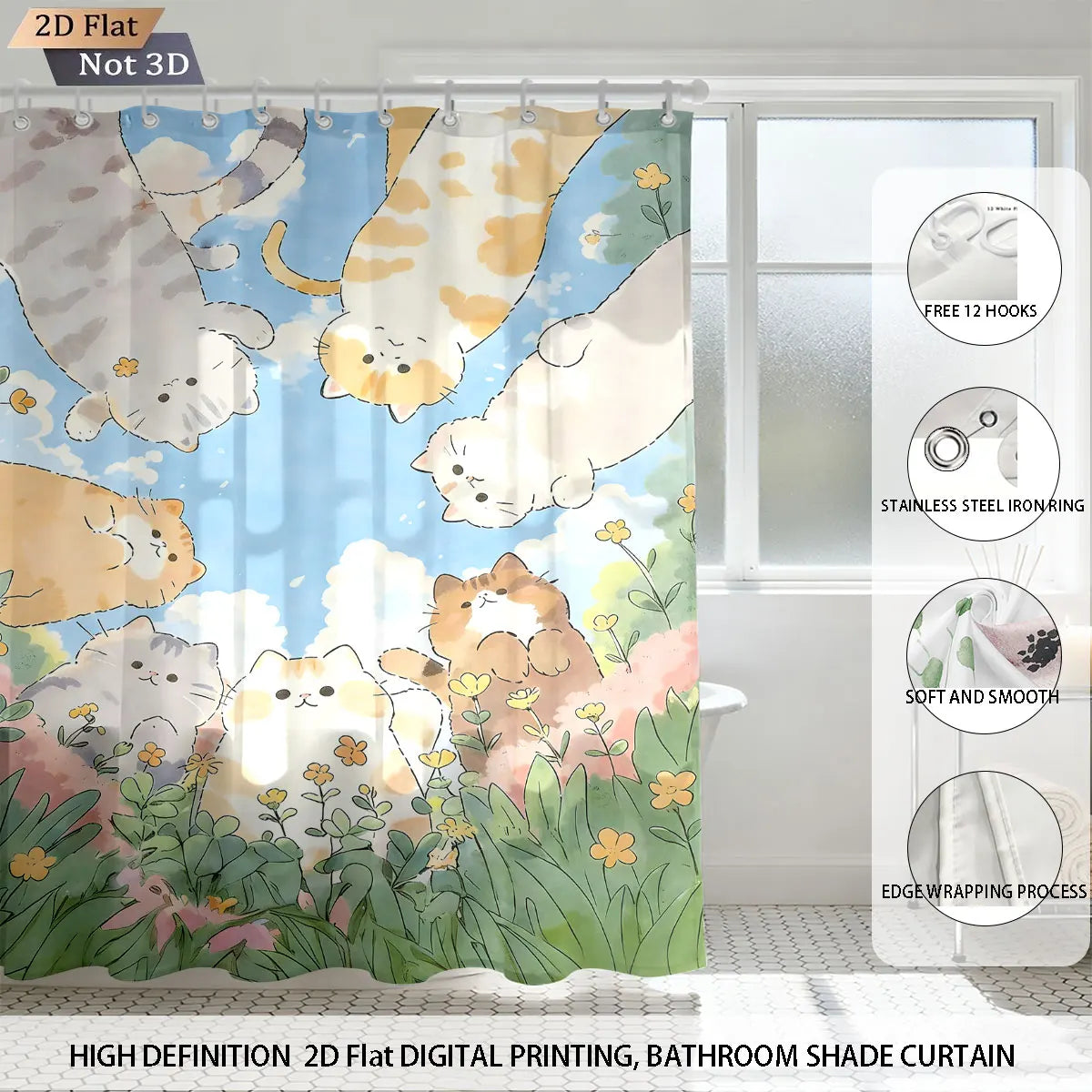 1pc Cute Cartoon Cat Printed Waterproof Shower Curtain Partition Privacy Hanging Curtain with 12 Hooks Multiple Sizes