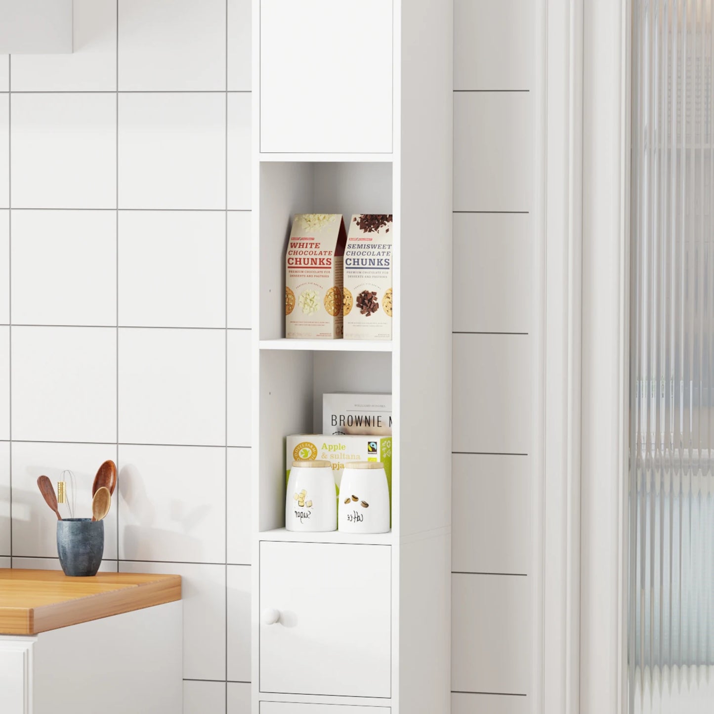 BonChoice Tall&Slim Bathroom Cabinet with 4 Doors&2 Open Shelves, Slim Bathroom Storage Cabinet Unit Narrow Cupboard
