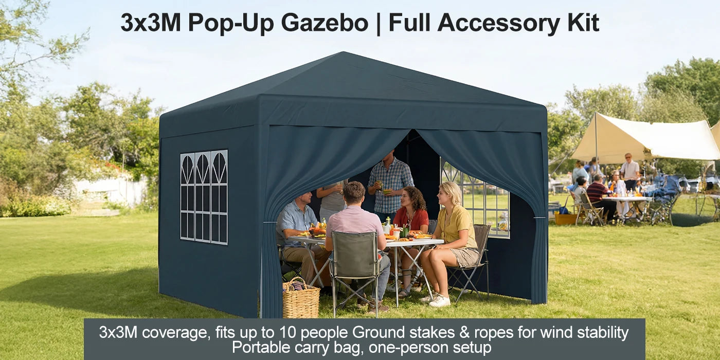 LOEFME 3x3M Pop Up Gazebo Waterproof Windproof Portable Outdoor Canopy Sun Shelter Removable 4 Sides Cloths Garden Camping Tent