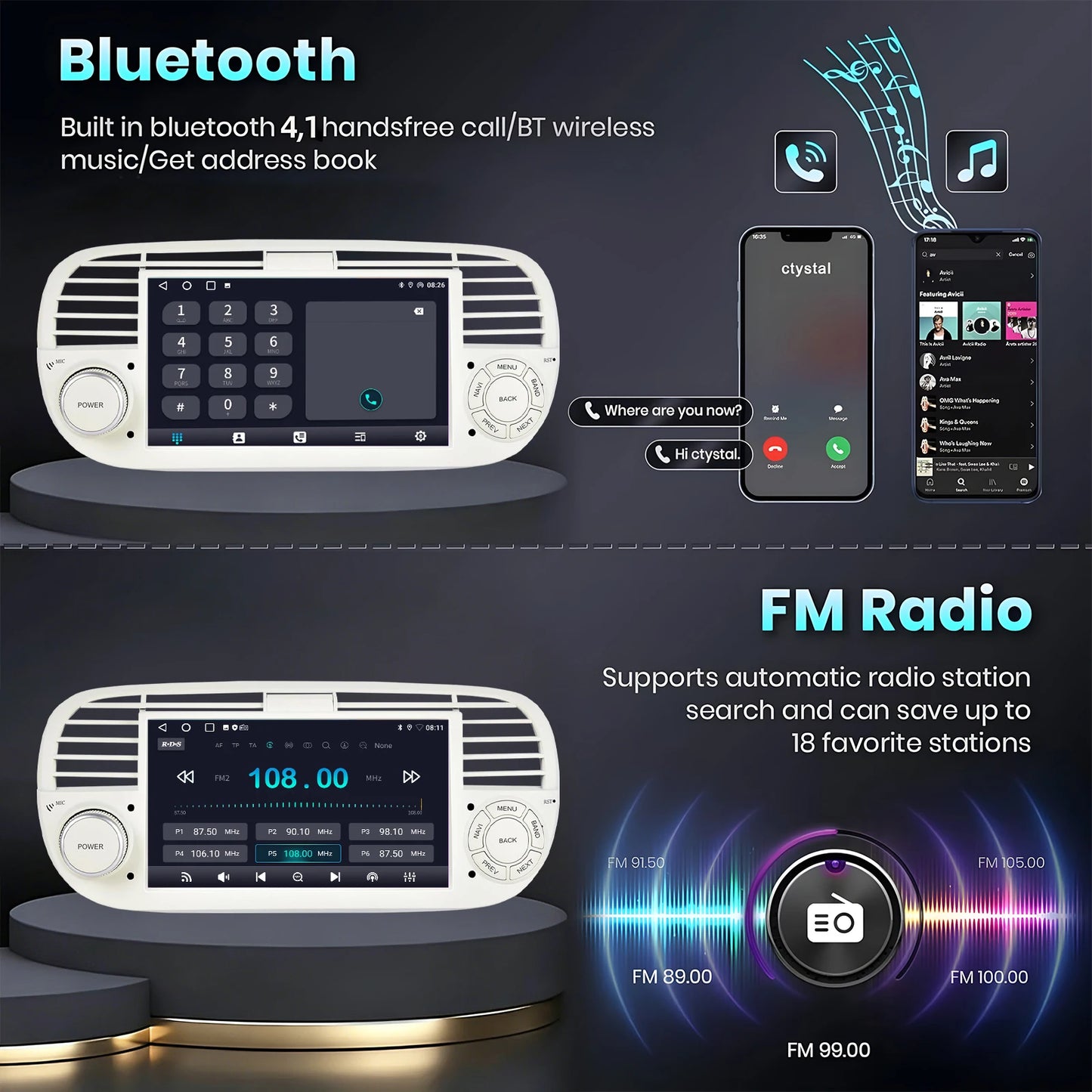 ESSGOO 7" 4+64G Android 15 For Fiat 500 2007-2015 Car Stereo Radio Wireless Carplay Android Auto GPS Navigation Bluetooth FM SWC Wifi RDS ASP IPS Touchscreen Mirror Link Multimedia Video Player