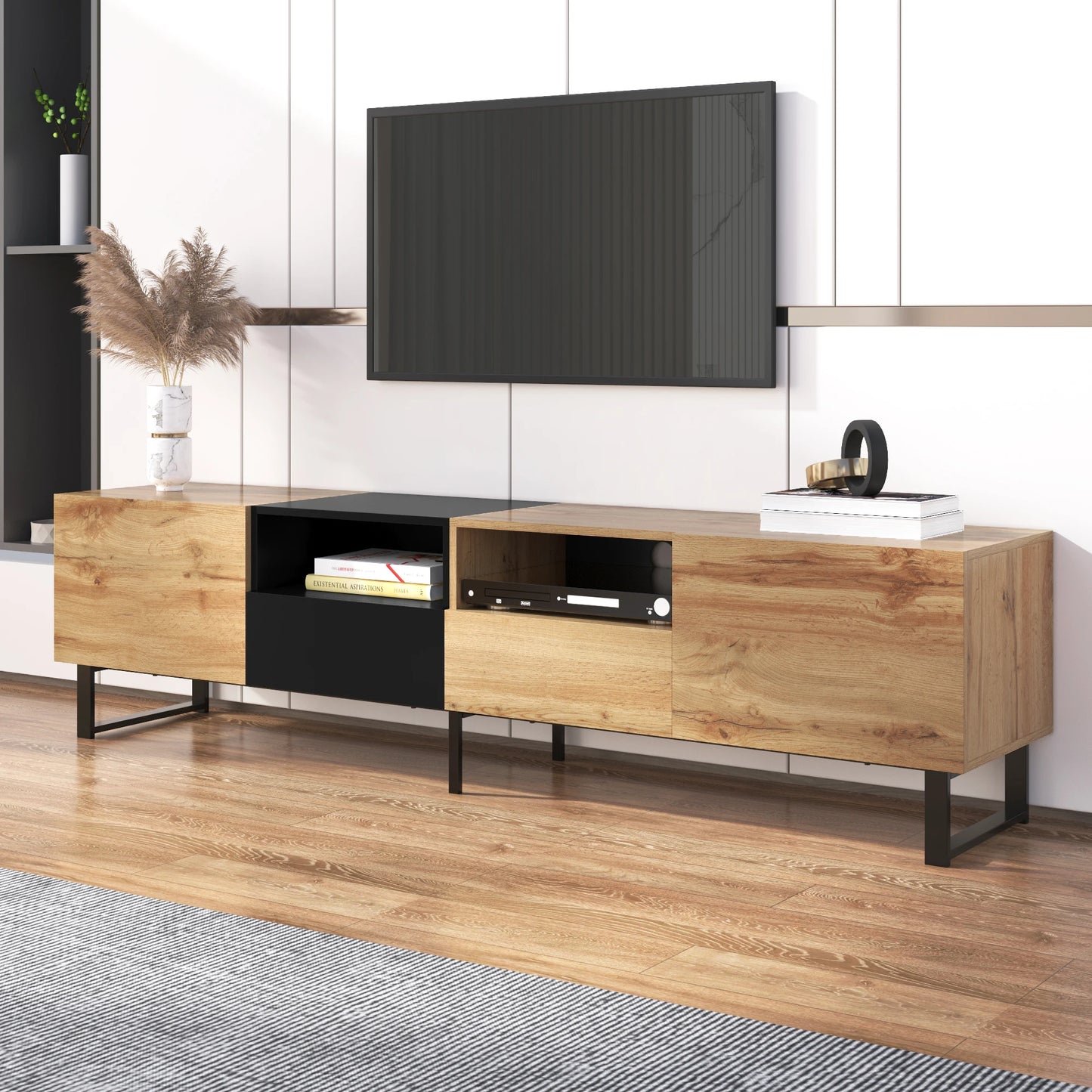PINGGO Modern Minimalist TV Cabinet Large Capacity Storage Cabinet With Doors And Drawers Wood Grain Design TV Media Console