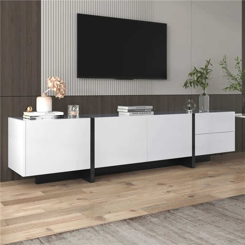190x45x35cm High-Gloss White & Black TV Stand, Low Cabinet with Doors (Built-in Shelves) & Drawers, Contrast Black Legs Minimali