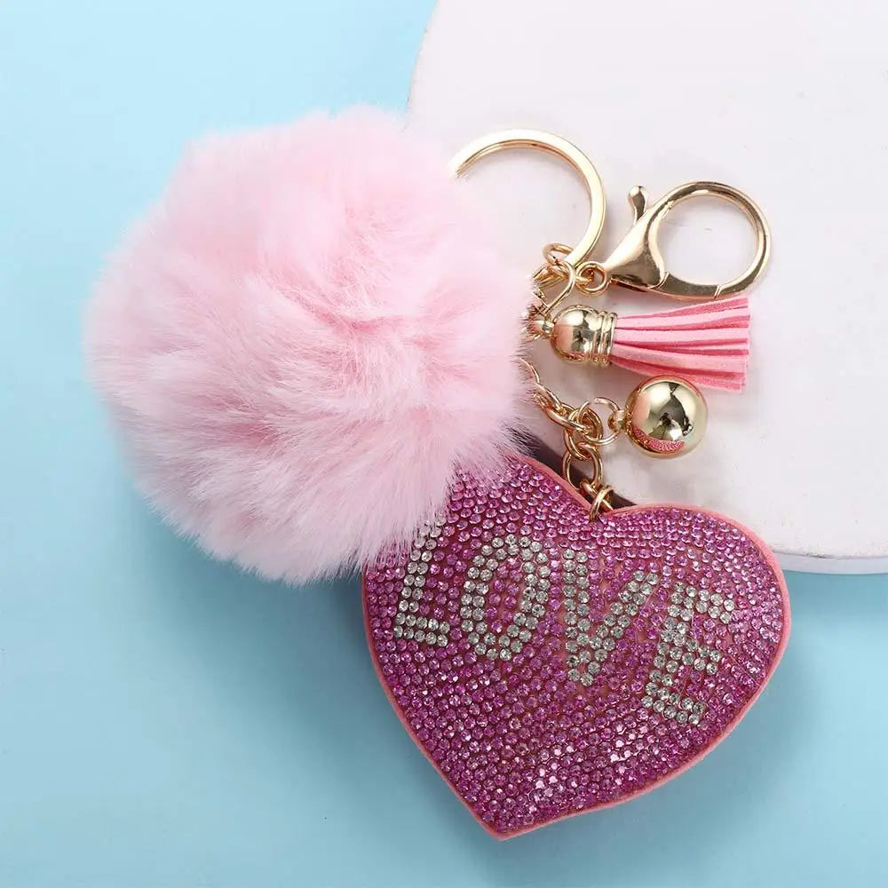 Fashion for Women's Bags Girls Ornaments Packaging Decoration Pompom Keychains Rhinestone Heart Bag Pendant Rhinestone Keyrings