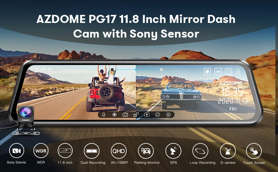 AZDOME PG17 12" WiFi Mirror Dash Cam 4K Front and 1080P Rear View Mirror Camera for Cars Dual Camera Waterproof Backup Camera