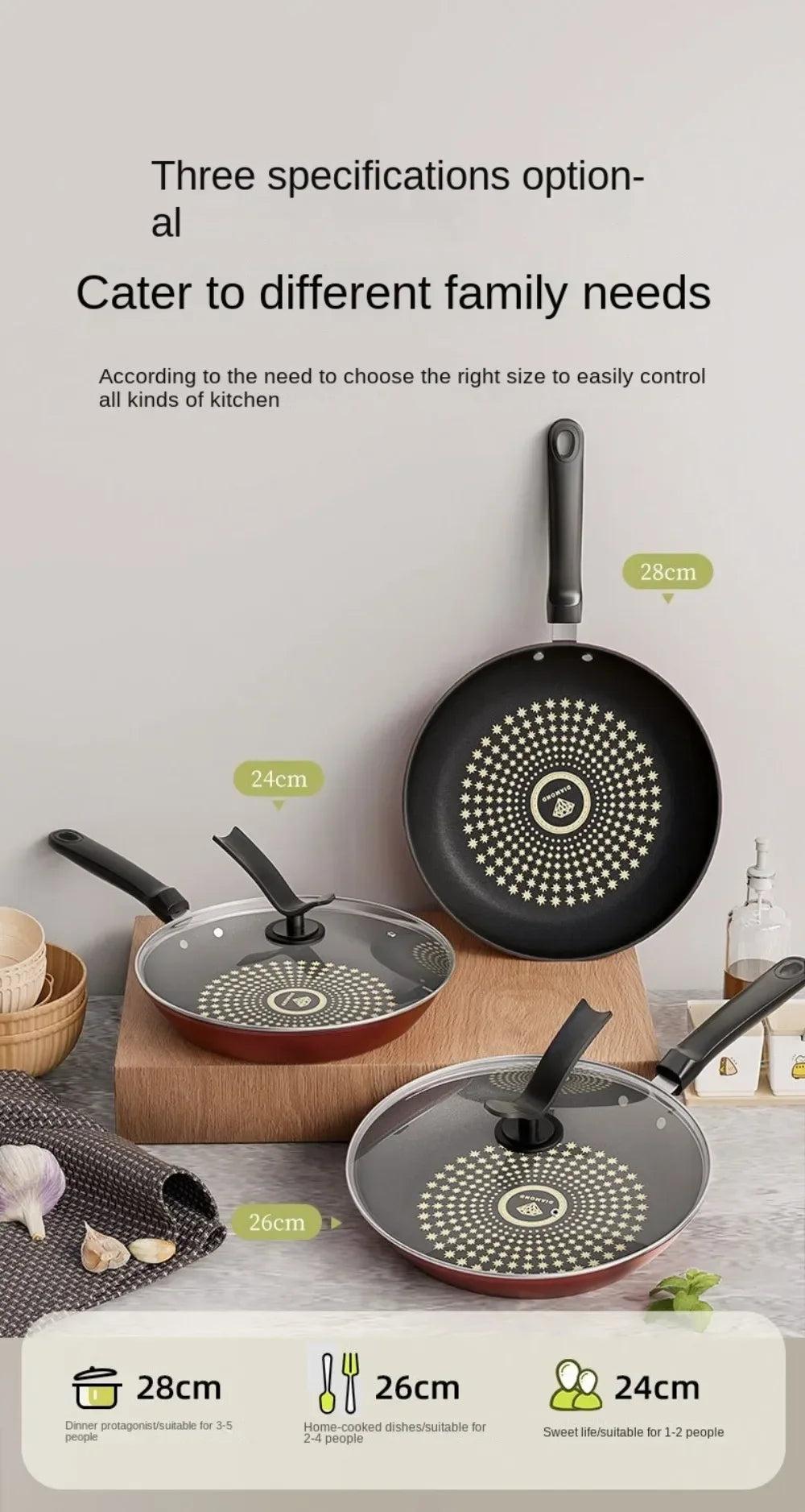 New Crystal Diamond Non-Stick Pan with Lid Multi-functional Frying Pan Iron Easy to Clean Kitchen Cookware Gas Induction Cooker