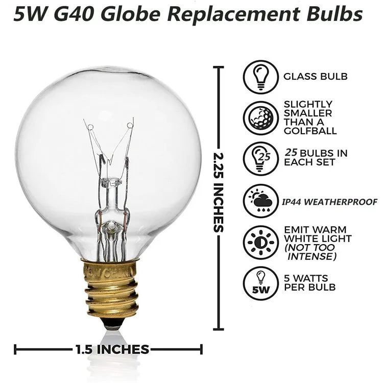 5-25PCS Vintage G40 Led String Light Replacement Bulb 1W 3V 120V 220V Plastic Shatterproof Globe Ball Lamp E12 Base 2700K Edison