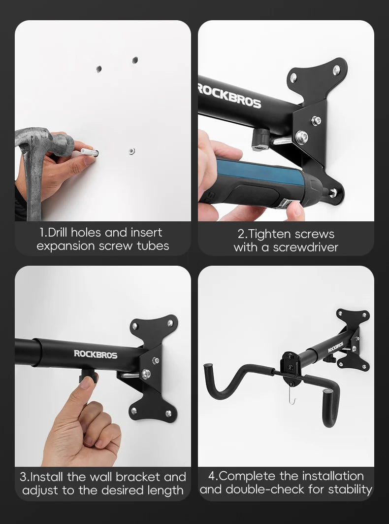 ROCKBROS Bike Rack Wall Mount Garage Home Adjustable Bicyle Rack Horizontal Bike Hook Thickened Reinforced MTB Road Bike Holder