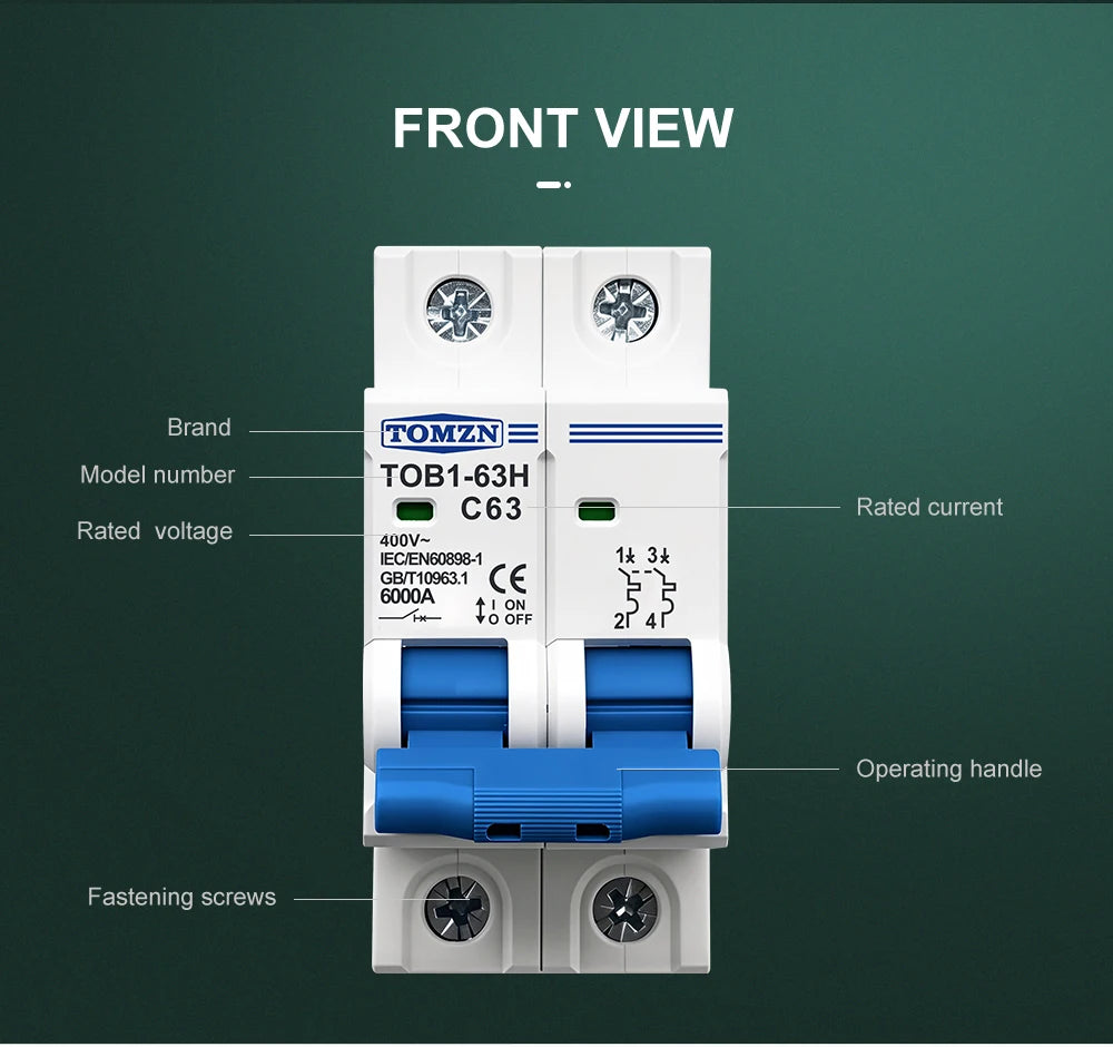 TOMZN 2P AC MCB TOB1-63 C Type 230/400V~ 50Hz/60Hz Mini Circuit Breaker 6A 10A 16A 20A 25A 32A 40A 50A 63A