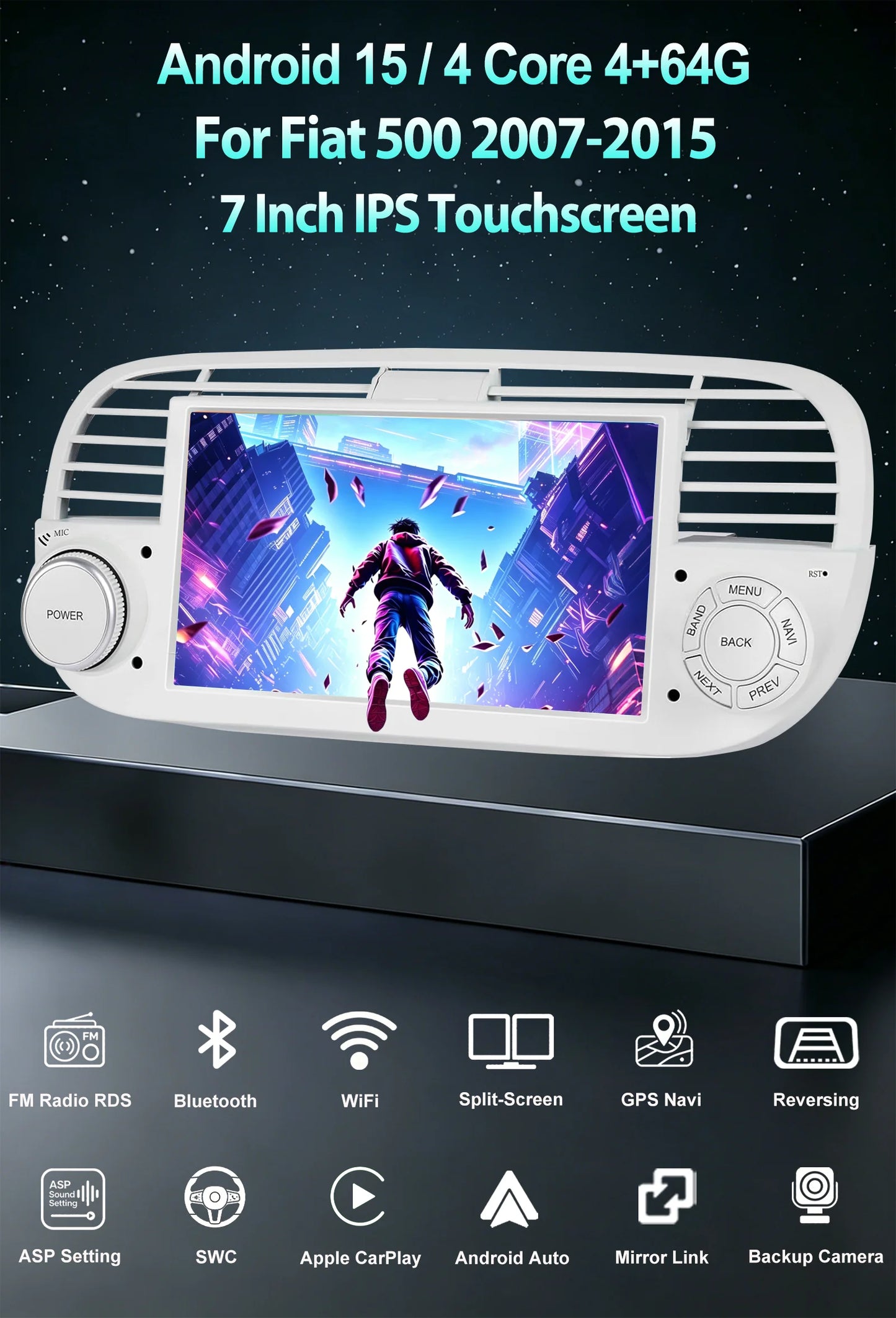 ESSGOO 7" 4+64G Android 15 For Fiat 500 2007-2015 Car Stereo Radio Wireless Carplay Android Auto GPS Navigation Bluetooth FM SWC Wifi RDS ASP IPS Touchscreen Mirror Link Multimedia Video Player