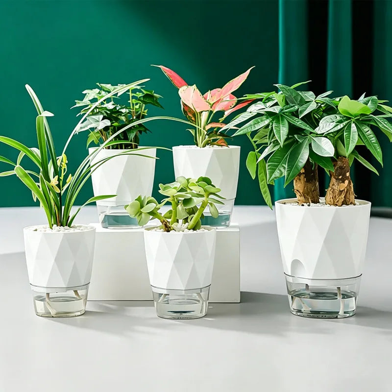 Self Watering Planter Diamond Lazy Flower Pot Transparent Double Layer Plastic Plant Pot for Indoor Plants
