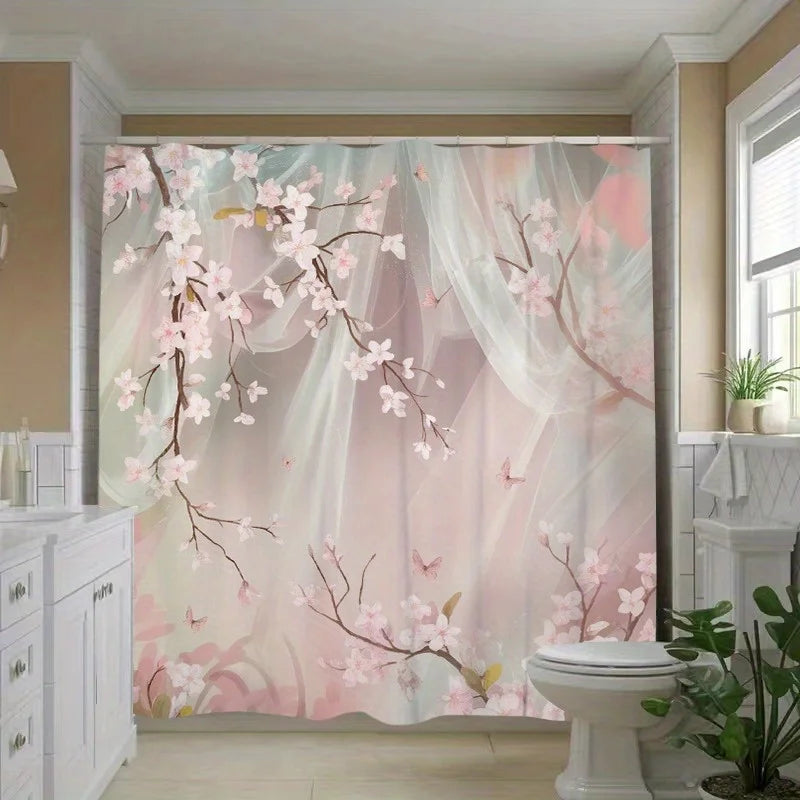 1pc Cherry Blossom and Butterfly Polyester Shower Curtain - Floral Print Bathroom Decor with Hooks, Machine Washable