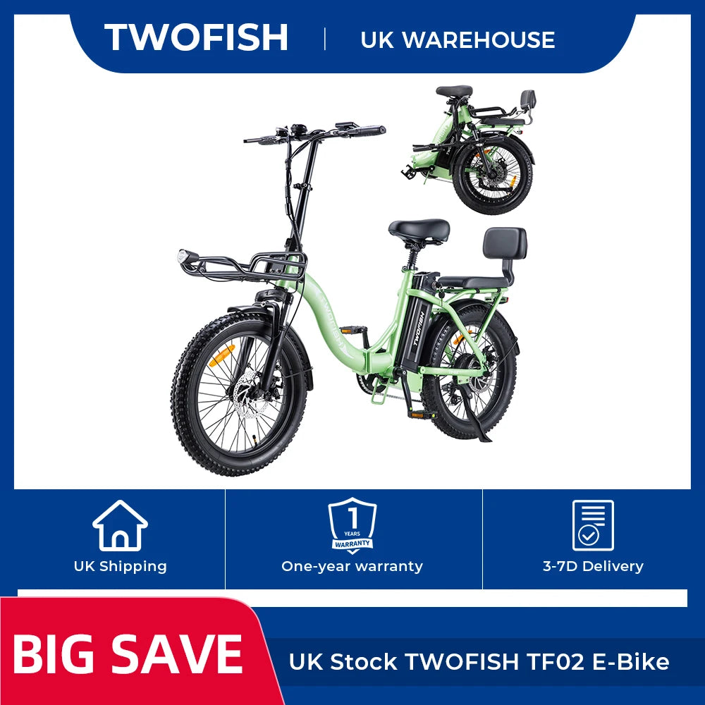 UK Stock TWOFISH TF02 E-Bike: 250W, 36V 17.8Ah, 20"x4" Tyres, 25km/h Max Speed, 100km Max Range, Disc Brakes, Front Suspension