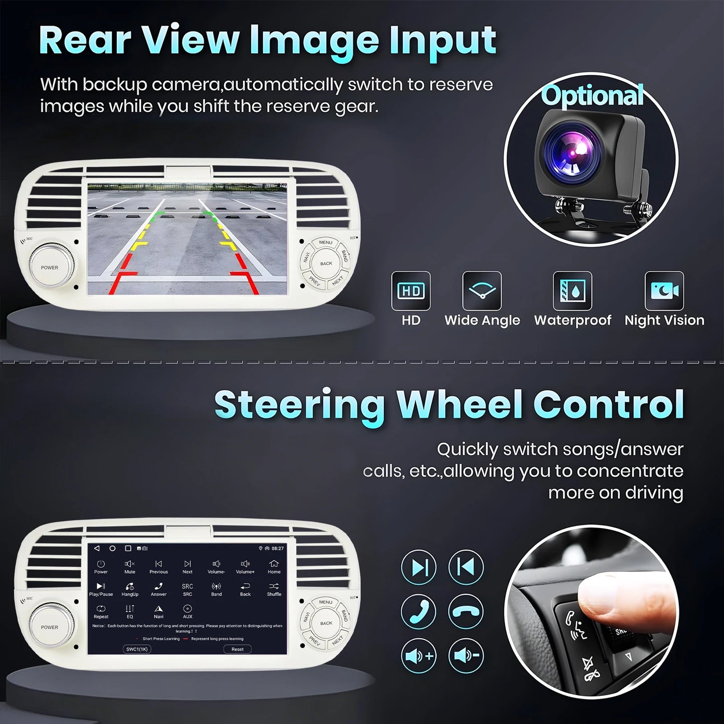 ESSGOO 7" 4+64G Android 15 For Fiat 500 2007-2015 Car Stereo Radio Wireless Carplay Android Auto GPS Navigation Bluetooth FM SWC Wifi RDS ASP IPS Touchscreen Mirror Link Multimedia Video Player