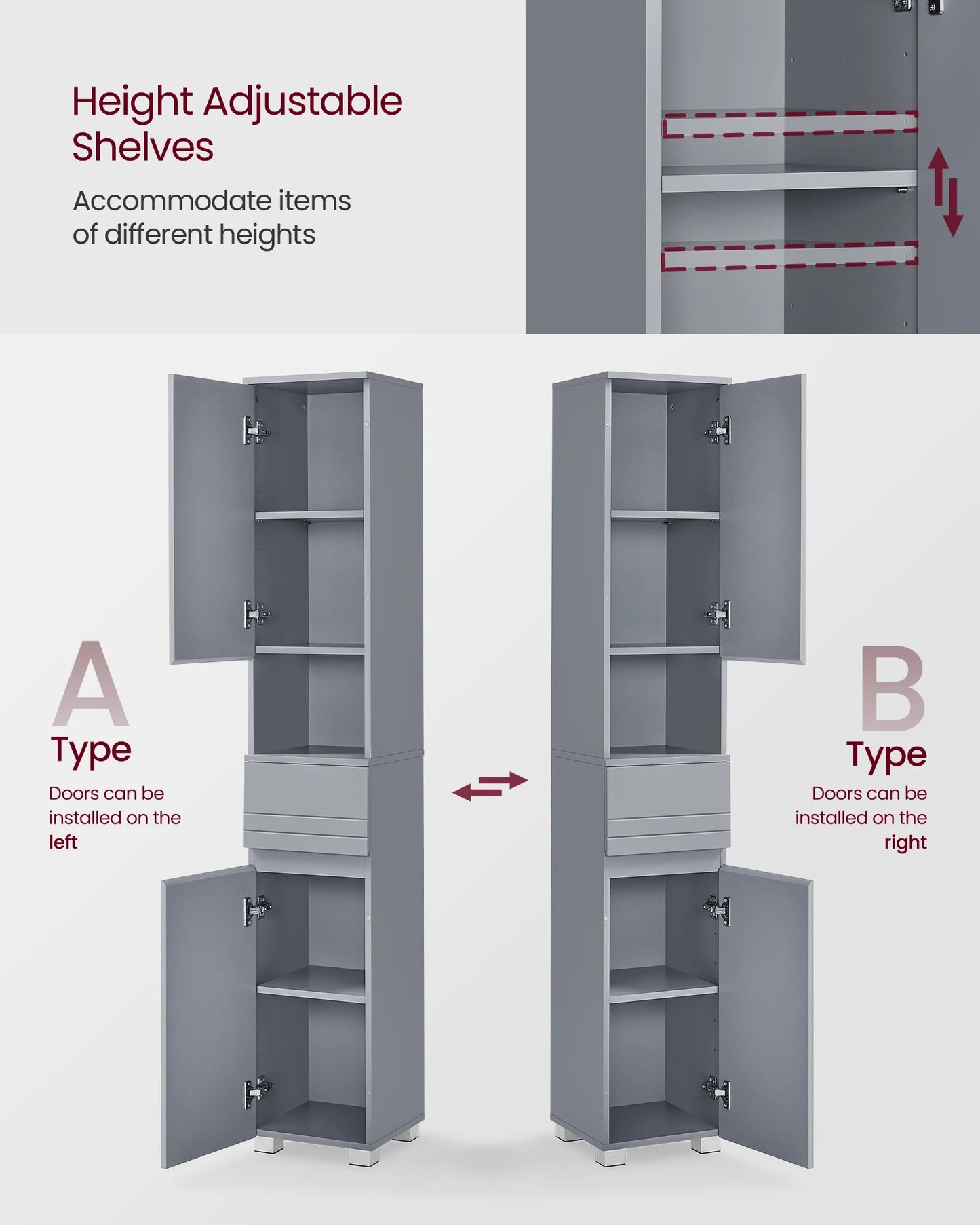VASAGLE Tall Bathroom Cabinet, Slim Storage Cabinet, Narrow Cupboard, Grey