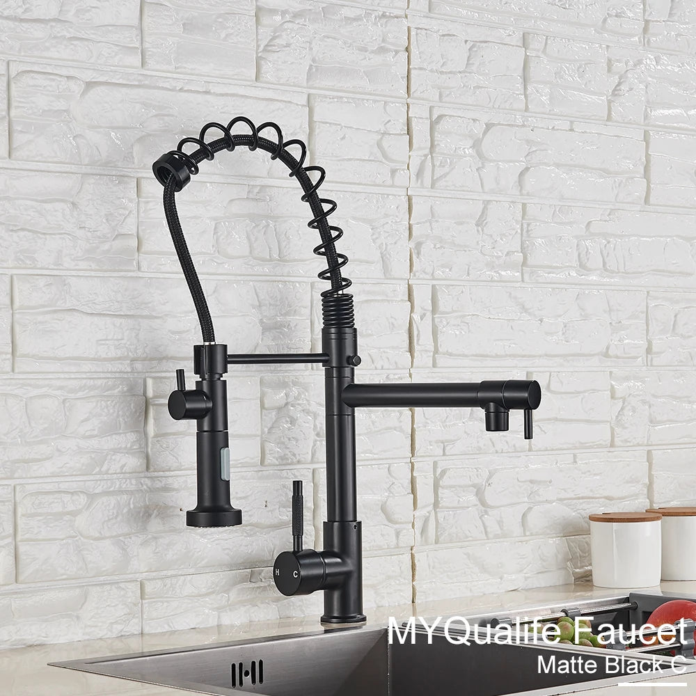 Black Pull Down Brass Kitchen Sink Faucet Hot Cold Water Mixer Crane Tap with Dual Spout 360 Rotation High Faucet Deck Mounted