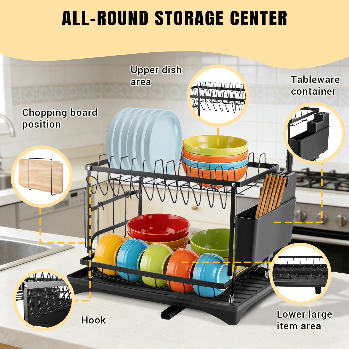 2 Tier Dishes drainer rack, kitchen Metal dishes drain rack with Drainboard, tableware tray drainer storage rack, kitchen organizer, 44x31x30cm, black