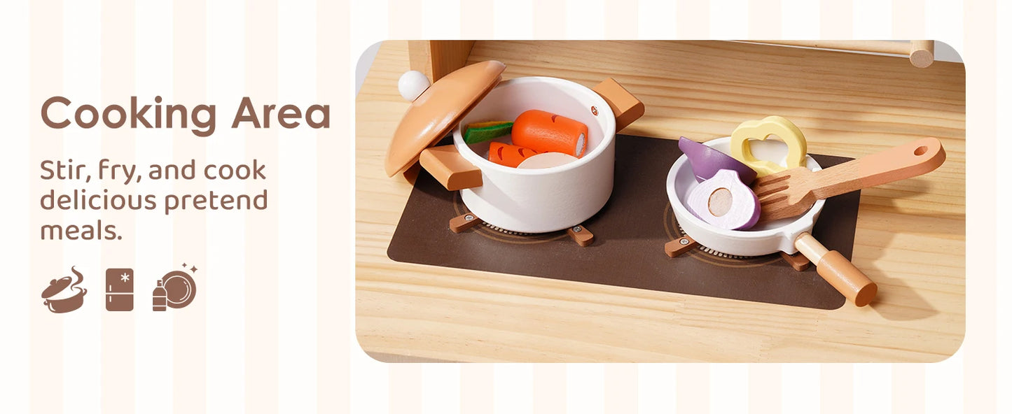 Robotime Wooden Play Kitchen Kids Kitchen Playset Washing Machine Dishwasher Toddler Kitchen Playset Gift for Boys Girls Caramel