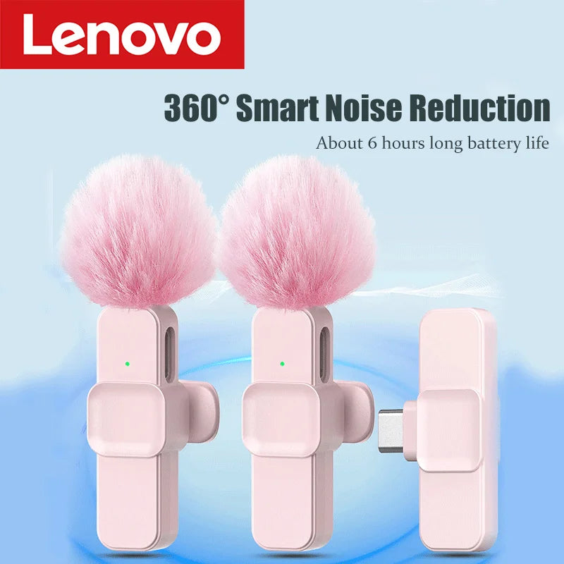 Lenovo Pink Wireless Lavalier Microphone for iPhone Android PC Live Gaming Phone Portable Audio Video Recording Vlog Microphone