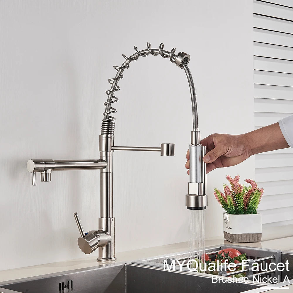 Black Pull Down Brass Kitchen Sink Faucet Hot Cold Water Mixer Crane Tap with Dual Spout 360 Rotation High Faucet Deck Mounted