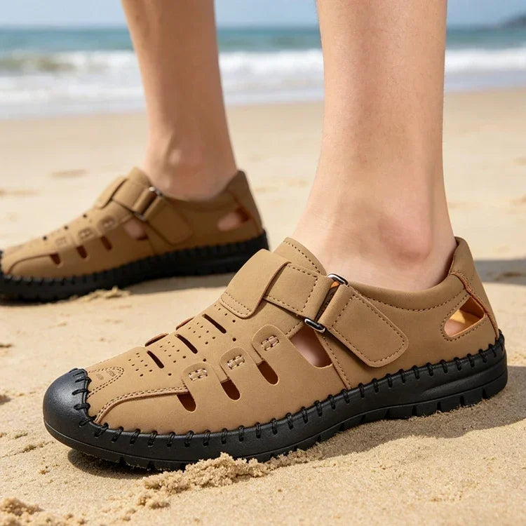 Men's Summer Hollow out Comfortable Breathable Slip-On Leather Shoes Anti-Slip Soft Bottom Outdoor Casual Loafers-1375