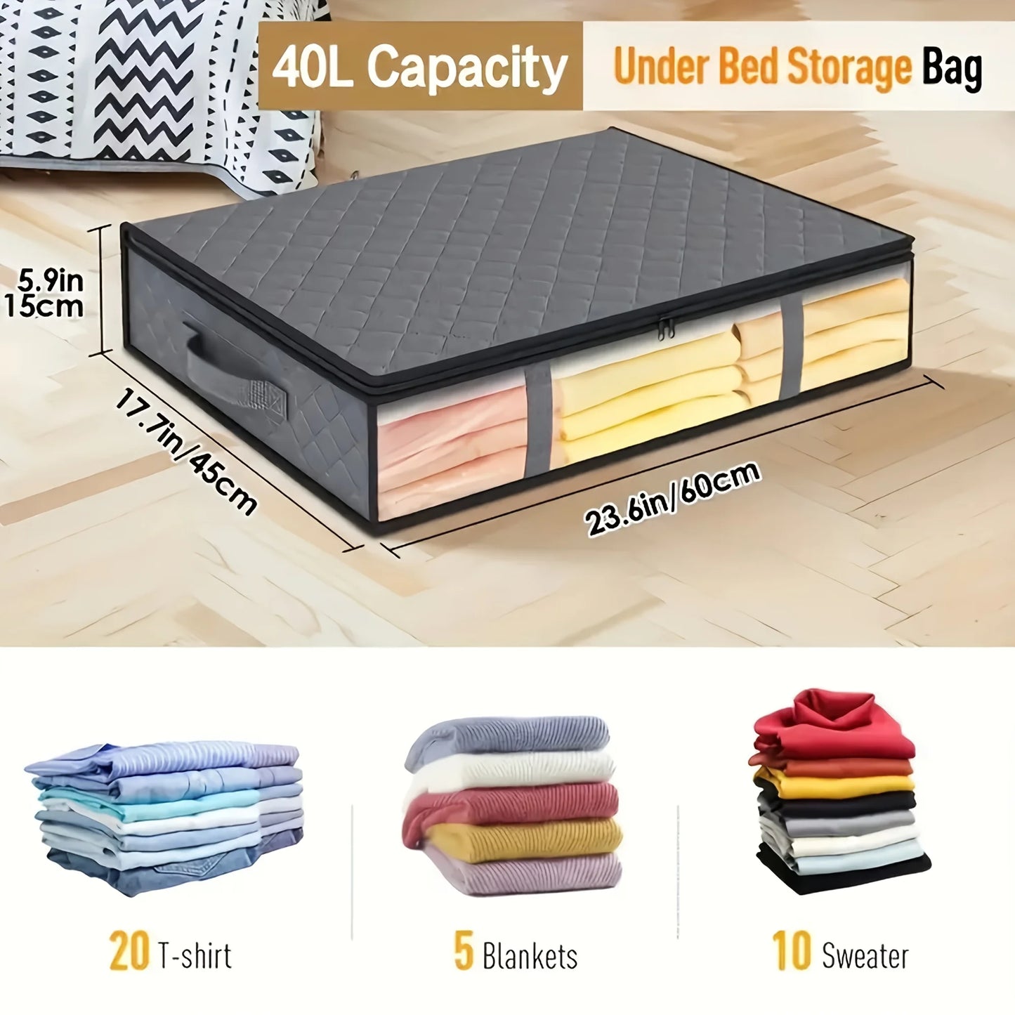 2pcs Large Under Bed Storage Bags Non-woven Clothes Organizer Clear Window Reinforced Handles for Comforters Blankets Bedding