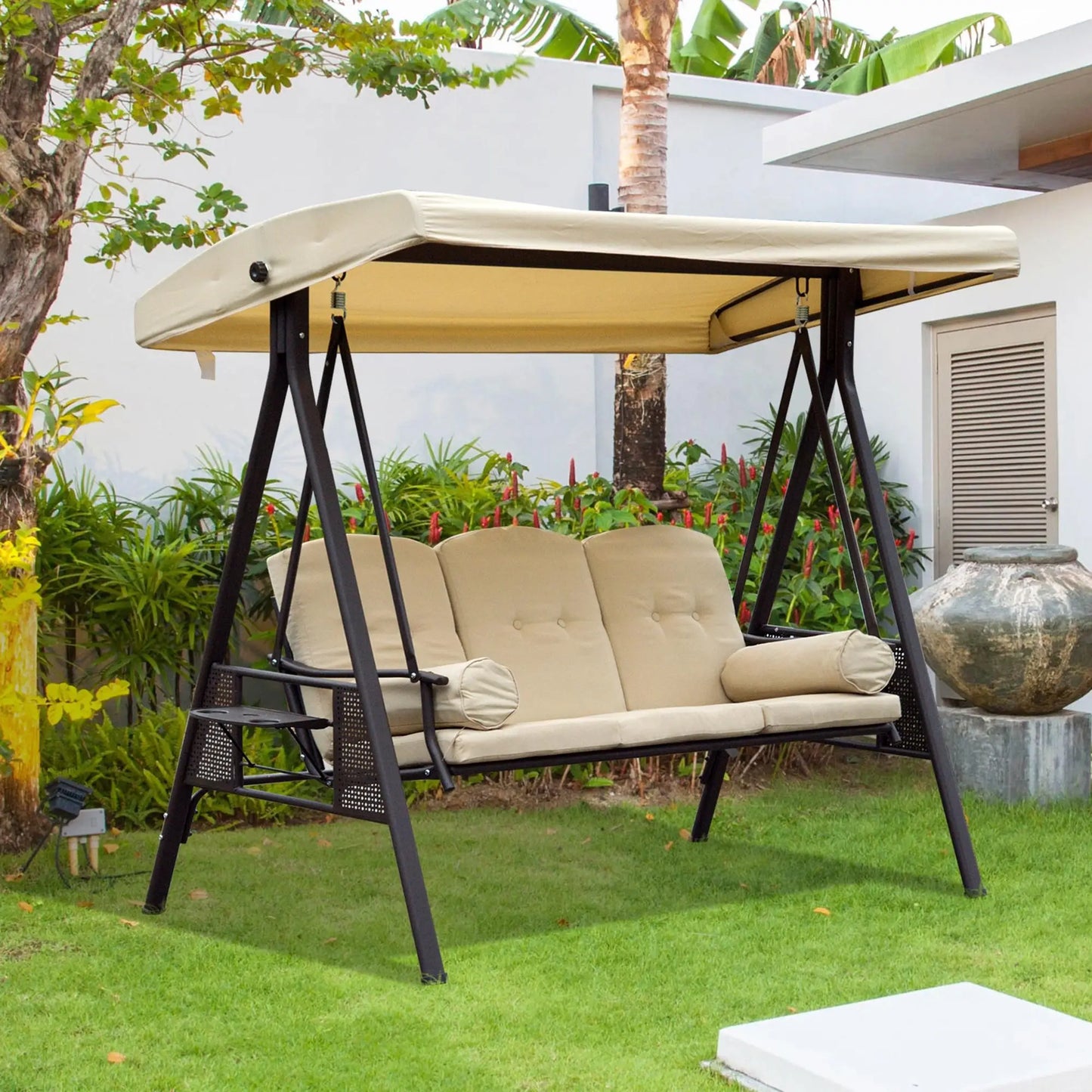 Outsunny 3 Seater Garden Swing Chair Outdoor Hammock Bench W/ Adjustable Canopy, Cushions and Cup Trays