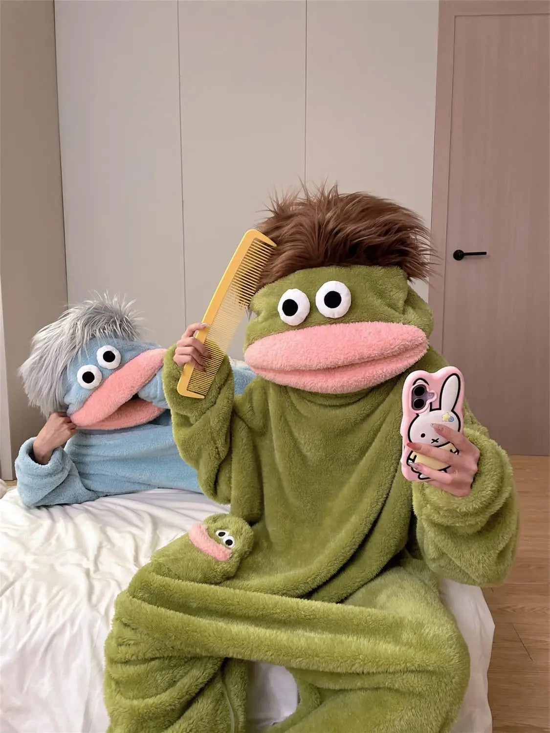 Cartoon Pajamas Autumn Winter Couple Set Wacky Bodysuit Have Hair Big Mouth Monster Hooded Homewear Girl Cute Keep Warm Pajamas