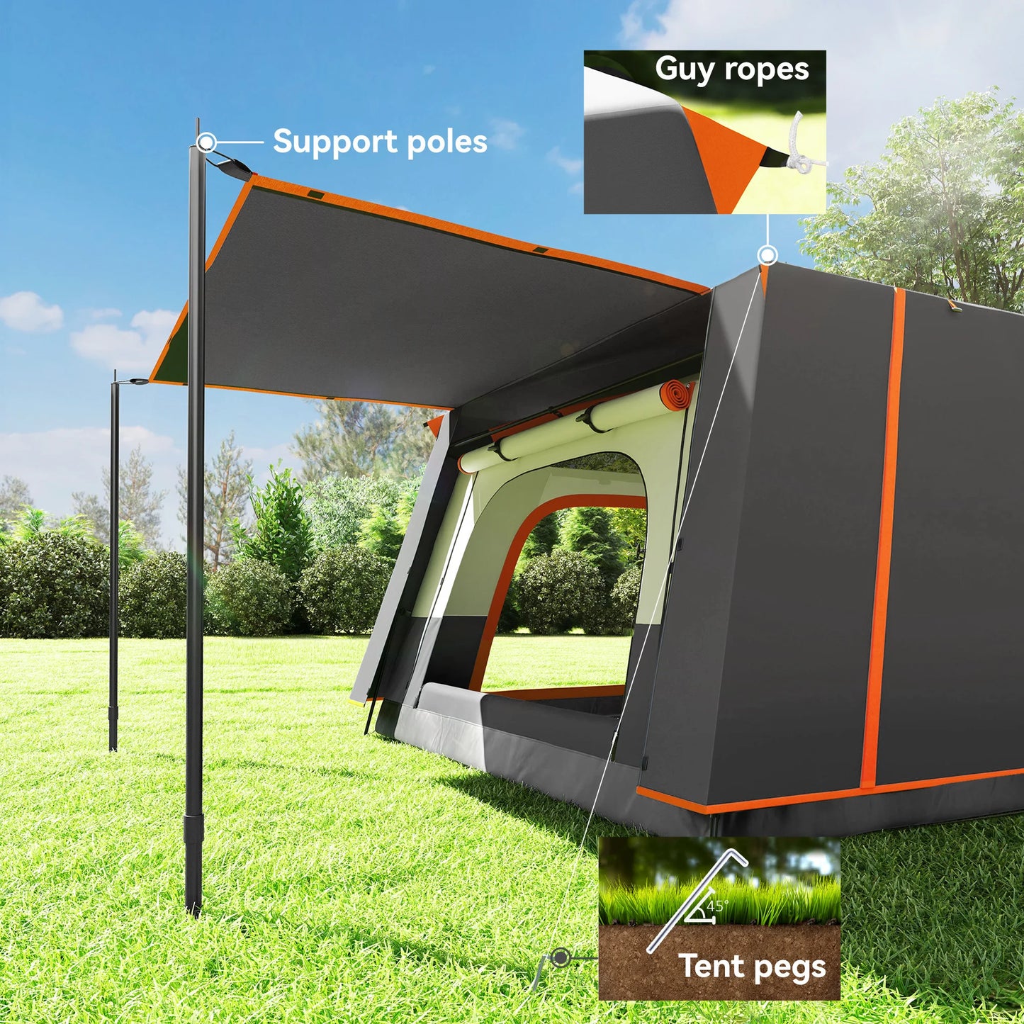 Outsunny 4-6 Man Camping Tent, Double Layer Tunnel Tent with Porch, Living Area and 2 Bedrooms, Sewn in Groundsheet