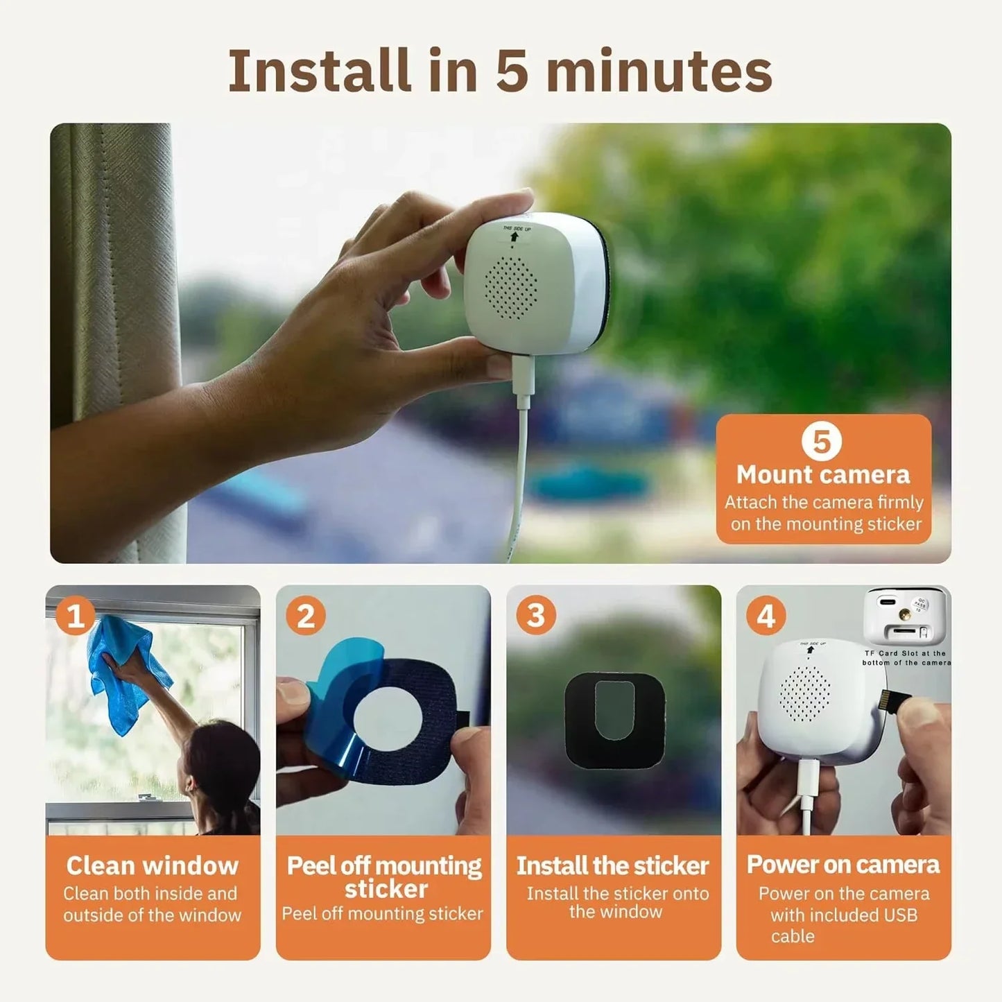 WiFi Window Camera 2.4/5GHz 3MP Full Color Night Vision Indoor Security Camera Replaces Outdoor Cam Through Window Surveillance