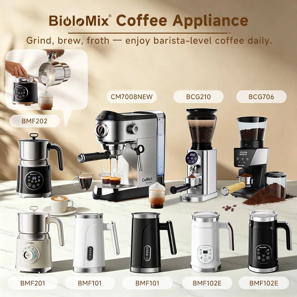 BioloMix Upgraded 5-in-1 LED Touch Screen Milk Frother for Lattes & Coffee, Hot And Cold Foam Maker