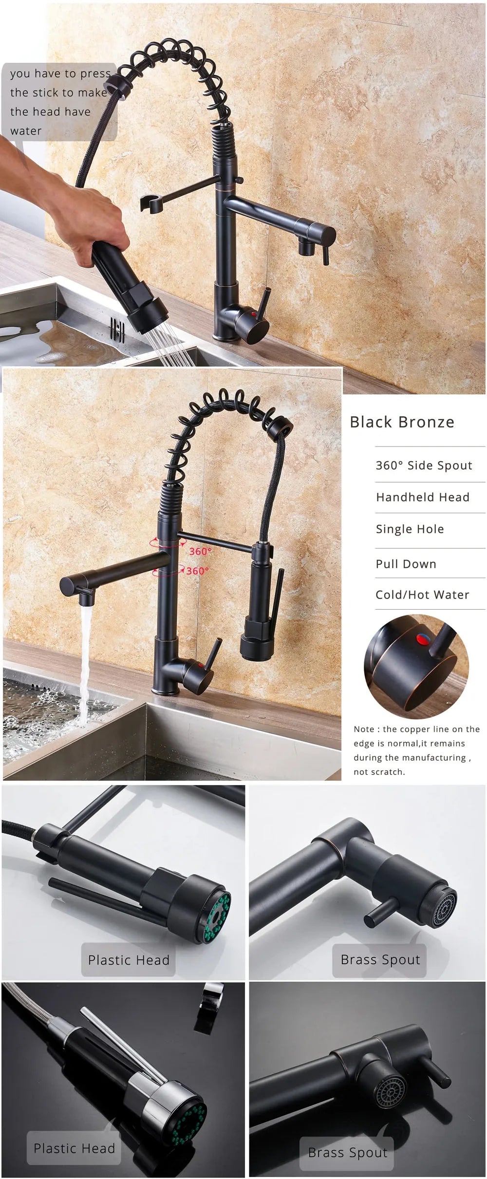 Black Pull Down Brass Kitchen Sink Faucet Hot Cold Water Mixer Crane Tap with Dual Spout 360 Rotation High Faucet Deck Mounted