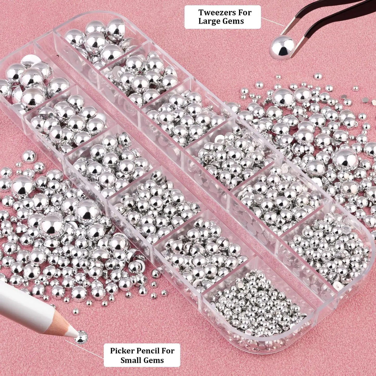 12Grid Shiny Silver Half Round Metal Caviar Bead Nail Rivets Charms 2/3/4/5/6/8mm Flatback Pearl Balls Nail Art Studs Y2k Decora