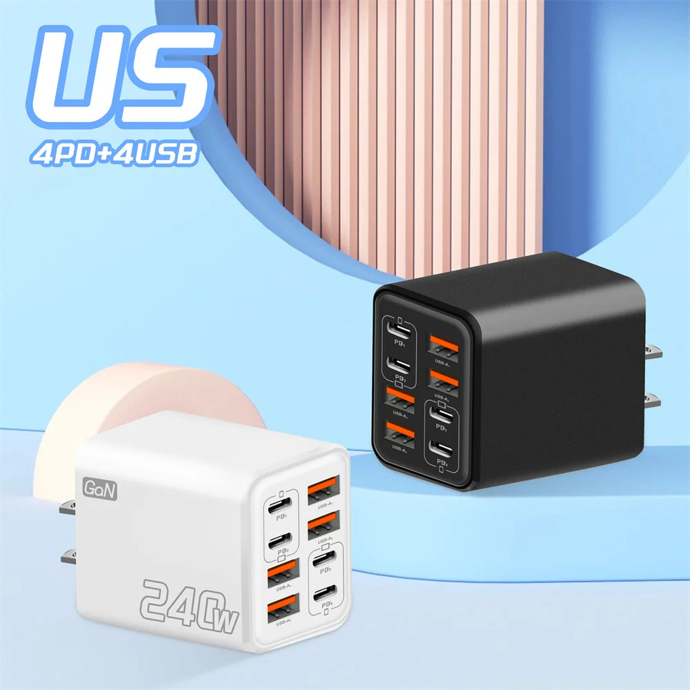 240W 8 in 1 USB C GaN Charger Fast Charging Phone Charger Power Adapter For iPhone Samsung Xiaomi EU/US/UK Plug Travel Charger