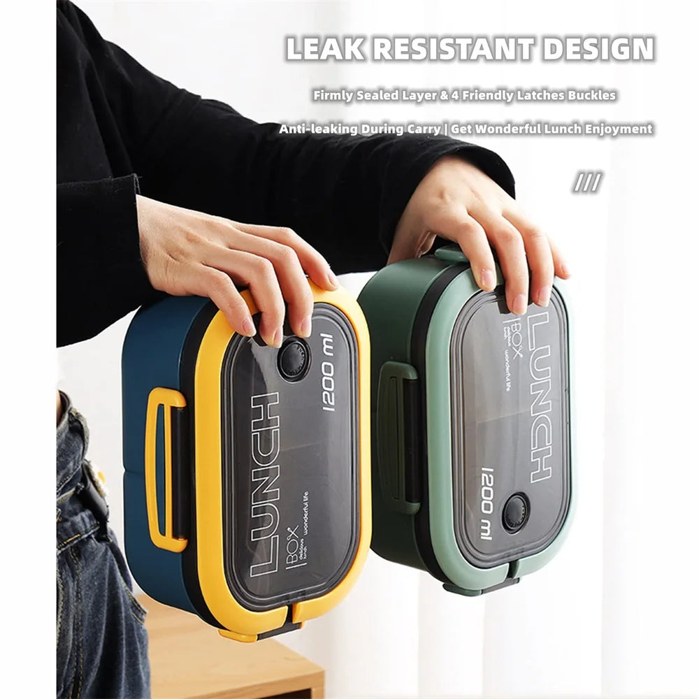 1pack 1200ML 2 Layer Bento Lunch Box With Spoon Fork, Kid High Capacity Food Containers Portable Leakproof Office Camping