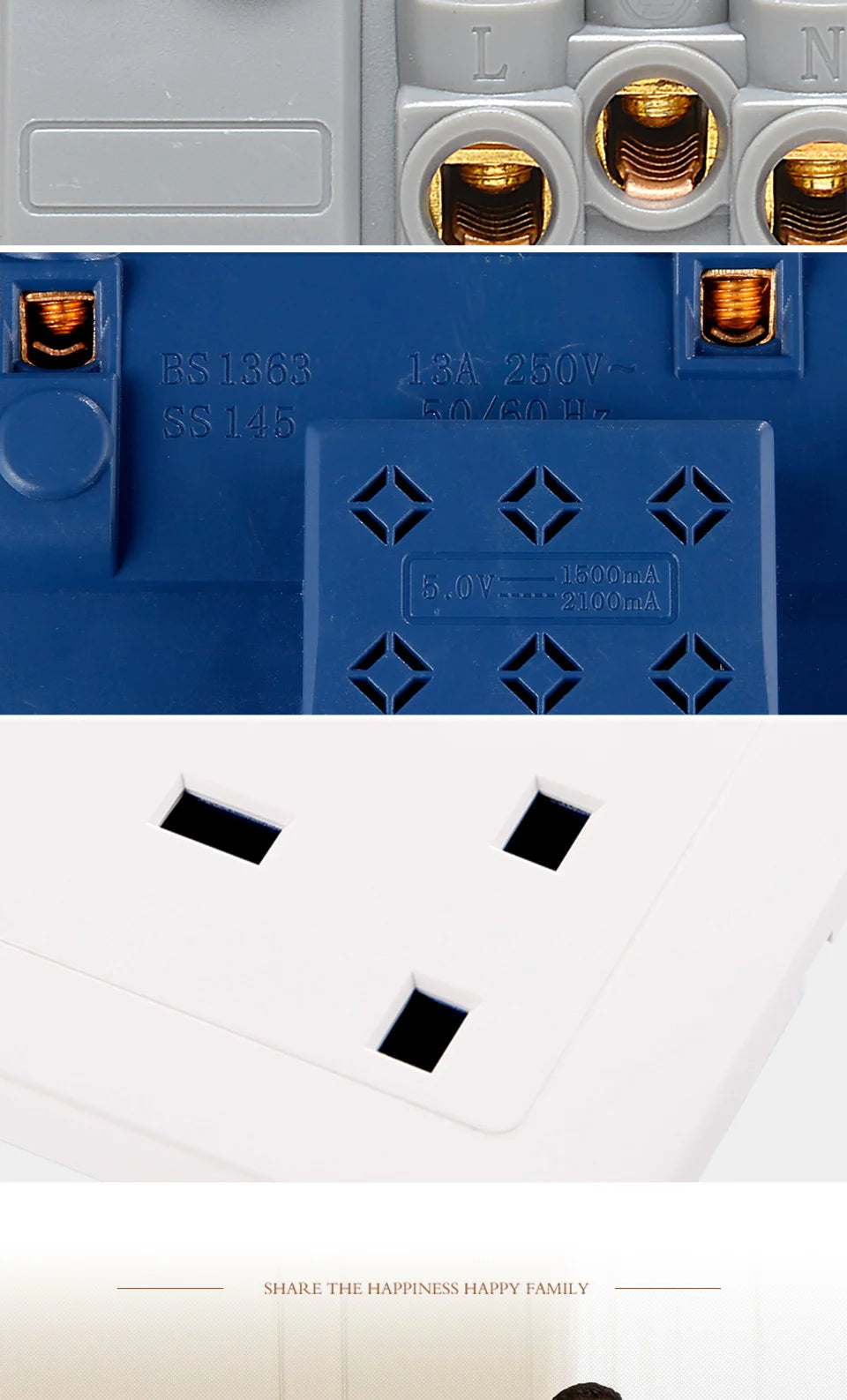UK Standard 13A Switched Wall Socket with Dual USB Charger Ports LED Indicator Standard Size Easy Fit Wall Mounted USB Power