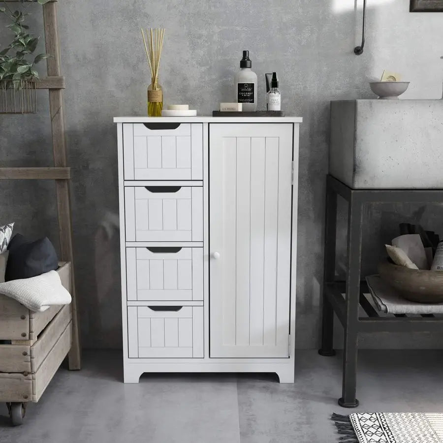 Bathroom Storage Cabinet with 4 Drawers 1 Door Adjustable Partition Wooden Modern Style for Bathroom, 56 x 30 x 82.5 cm L x W x