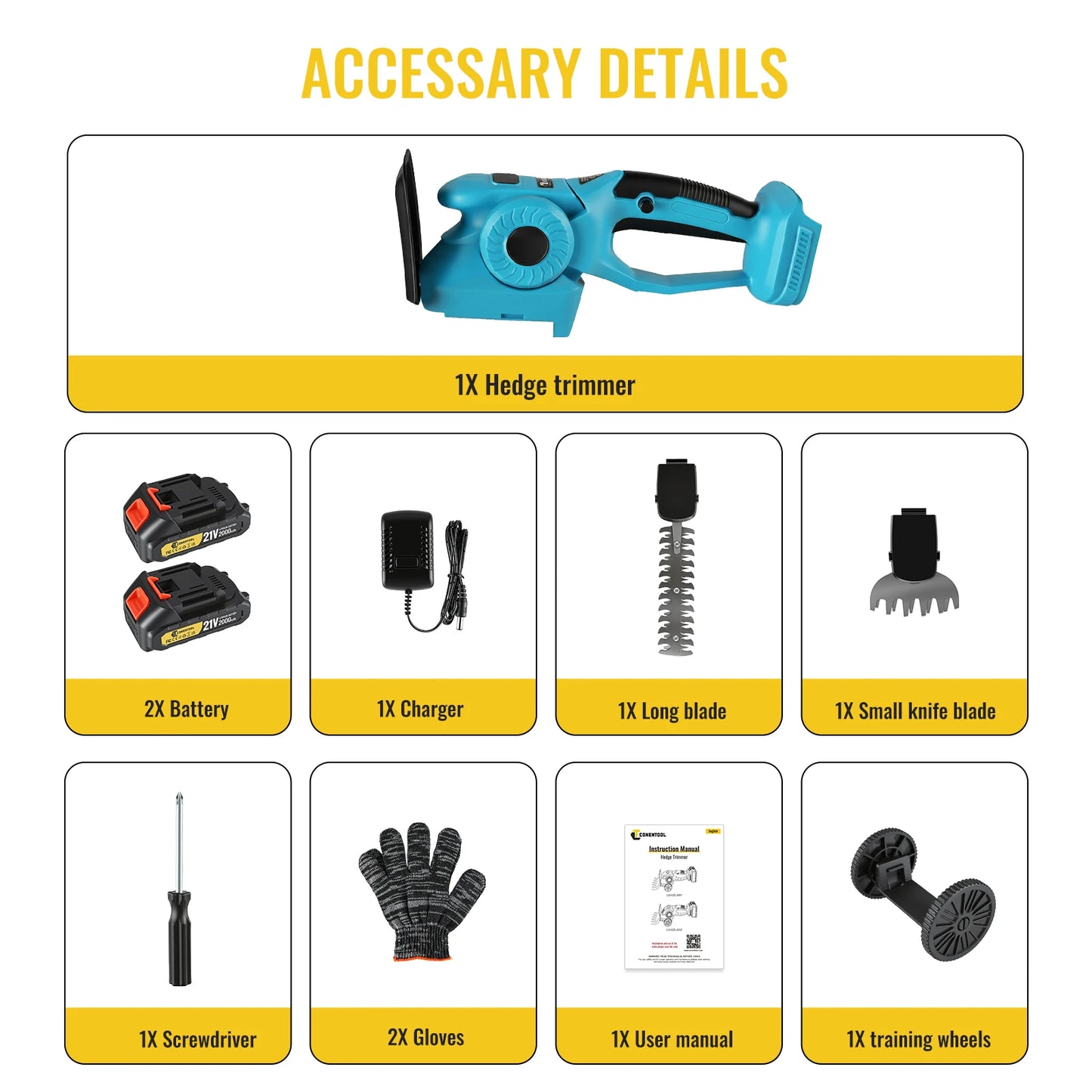 CONENTOOL 2in1 21V Cordless Hedge Trimmer 20000RPM 9 Inch Electric Shrub Pruning Shears Grass Cutter for Makita 18V Battery Pin