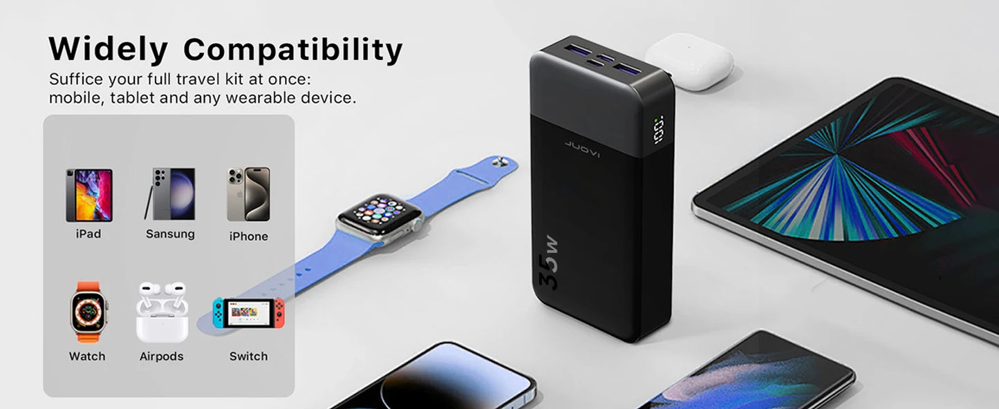 20000mAh Power Bank JUOVI Portable Charger 35W PD 3.0 QC 4.0 Fast Charging Phone Charger With LED Display Travel Battery Pack