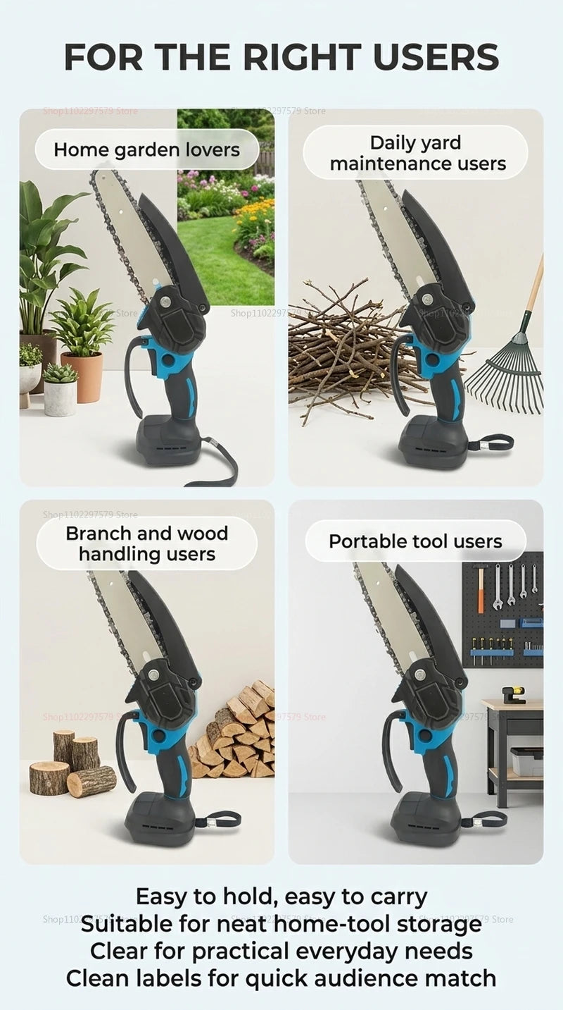6Inch Cordless Electric Chainsaw Rechargeable No Battery Lightweight Power Tool for Woodcutting Gardening Makita 18V Compatible