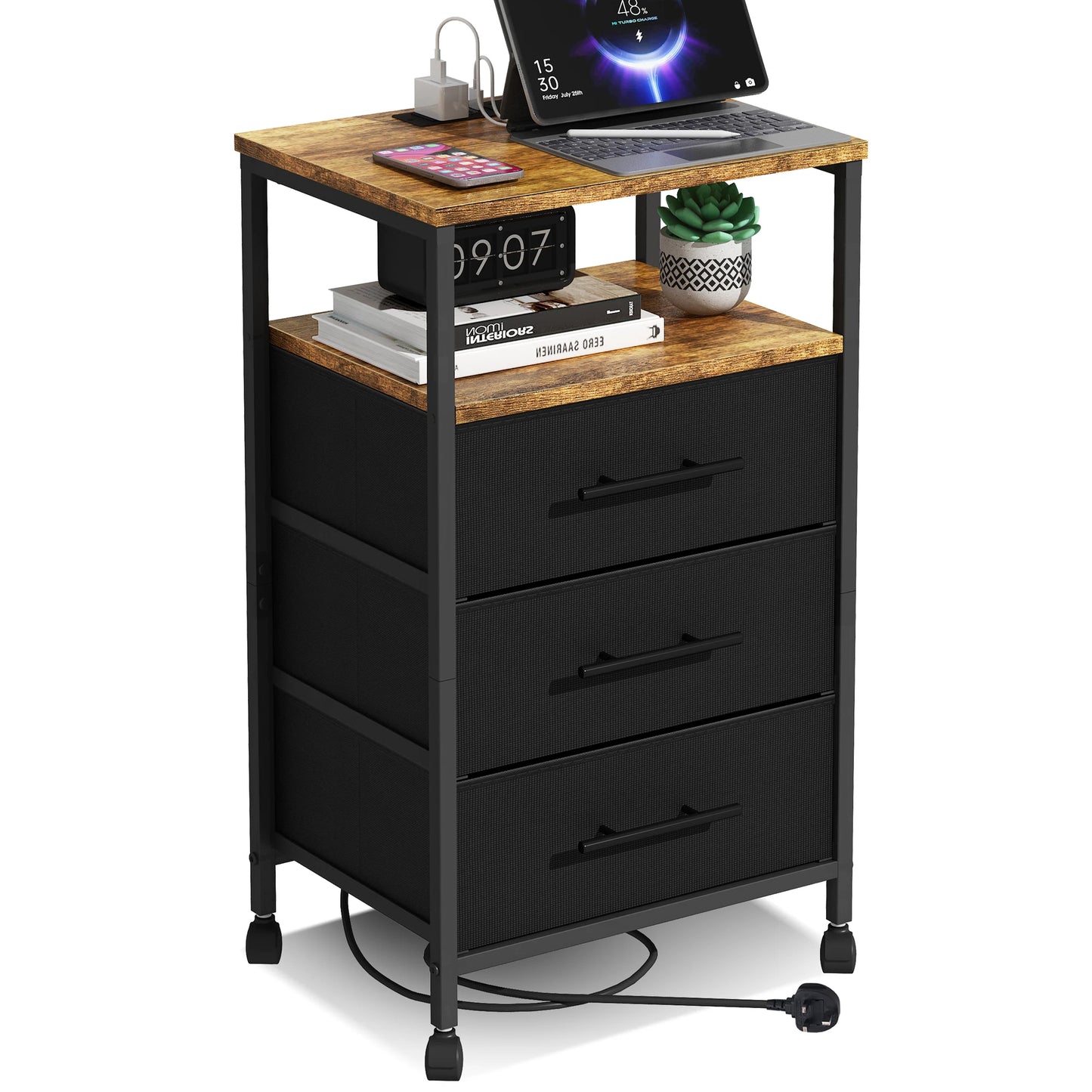 Bedside Table With Charging Station Nightstand With 2 Outlets And 2 USB Ports With 4 Castors
