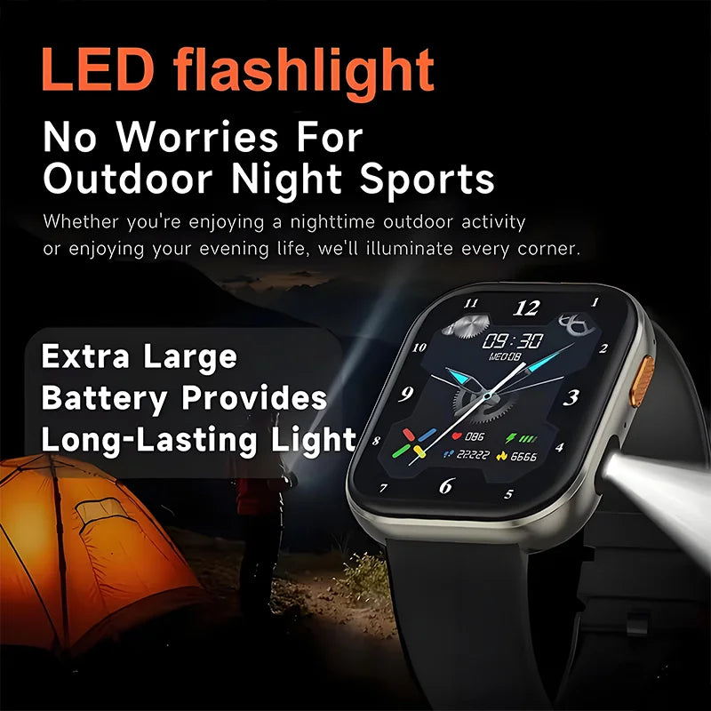 Outdoor New 1000mAh SmartWatch 2.04"HD Screen Smartwatch LED Flashlight 100+sports mode BT Call Waterproof SmartWatches Men Wome
