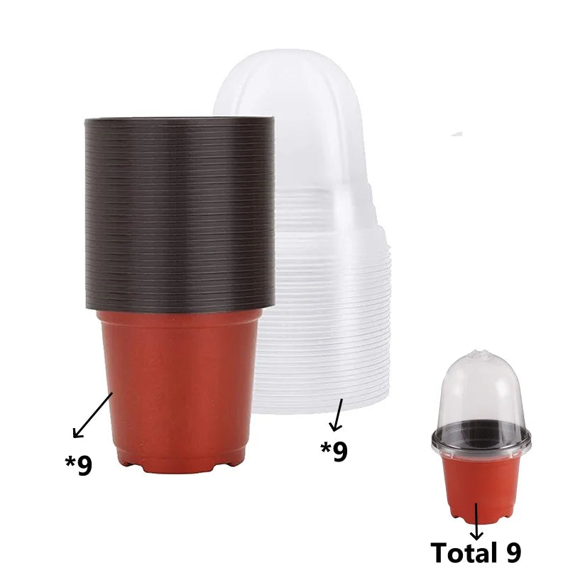 18 Piece Set (9 Pots+9 Lids), Infrared Black Inner Circular Plastic Flowerpot. Suitable for Gardens, Balconies, and Home Decor