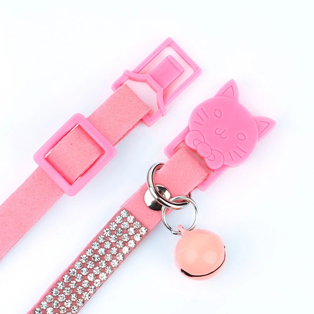 Soft Pink Suede Leather Cat Collar - Cute Bling Rhinestone Design, with Bell & Safety Breakaway Buckle, Adjustable XS/S Sizes