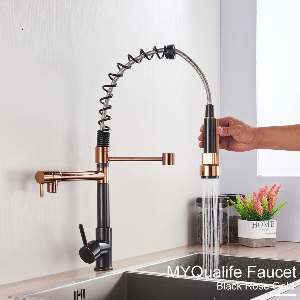 Black Pull Down Brass Kitchen Sink Faucet Hot Cold Water Mixer Crane Tap with Dual Spout 360 Rotation High Faucet Deck Mounted
