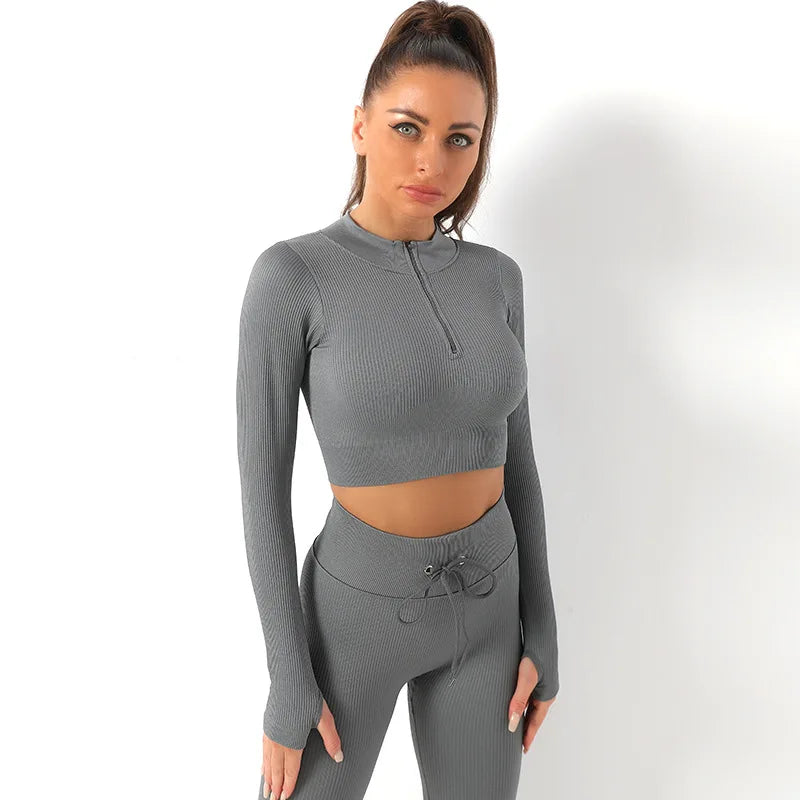 Seamless Women Yoga Set Workout Sportswear Gym Clothing Zipper Long Sleeve High Waist Leggings Fitness Bra Athletic Sports Suits