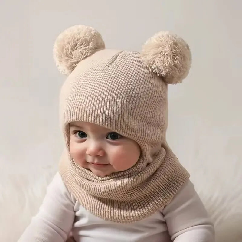 1pc/2pcs Winter children's hooded one-piece hat,equipped with ear and neck protection devices,for warmth.Double ball knitted cap