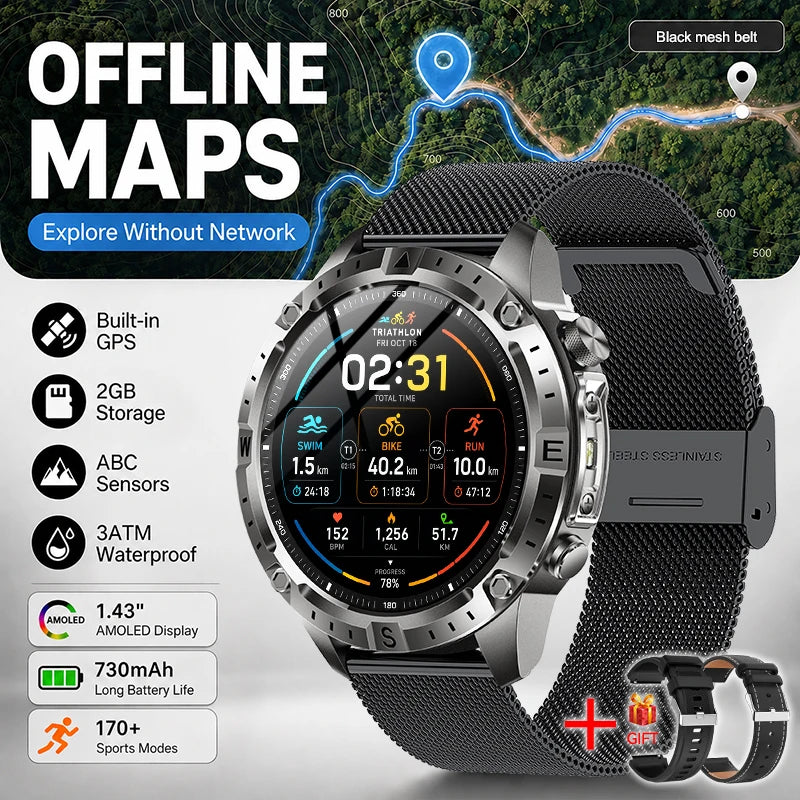 New Outdoor GPS Offline Map Smart Watch Men 3ATM Waterproof 170+ Sports LED Compass Altimeter AMOLED Bluetooth Call Smartwatch